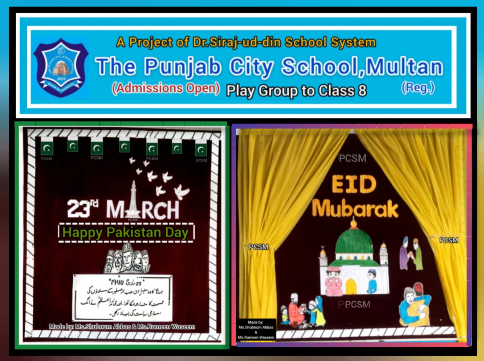 Pakistan Day and Eid Mubarak soft board display.